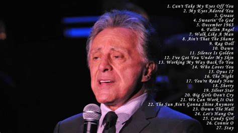Frankie valli songs - Frankie Valli · Album · 2021 · 9 songs. Frankie Valli · Album · 2021 · 9 songs. Listen to A Touch Of Jazz on Spotify. Frankie Valli · Album · 2021 · 9 songs. Frankie Valli · Album · 2021 · 9 songs. Home; Search; Your Library. Playlists Podcasts & Shows Artists Albums ...